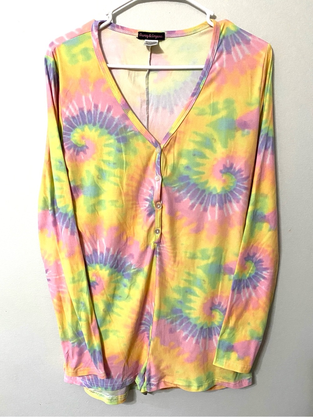 GRUMPY & GORGEOUS Pastel Tie-Dye Multicolor Long Sleeve V-Neck Romper Woman’s XL